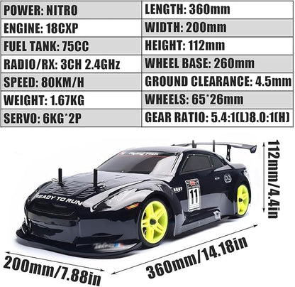 Nitro RC Cars 1/10 Two Speed Nitro Gas Power Car for Adults - Fast Drift 4WD 80KM/H Metal Chassis Gas Off Road Short Course Truck (Black)
