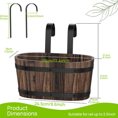2pcs Wood Railing Planter Boxes Wooden Hanging Flower Pots for Railing Fence Outdoor Plants Wall Planters Window Flower Box Hanging Bucket Pots Countryside plant Holder (Carbonized,2pcs,Small)