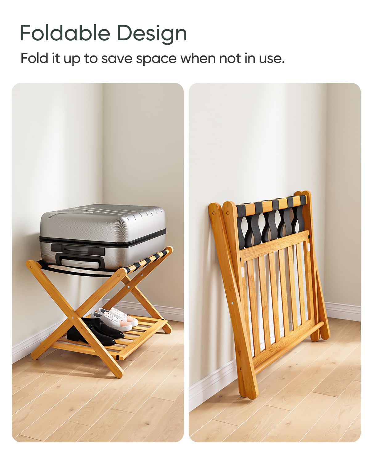 Smart FENDEE Pack of 2 Fully Assembled Bamboo Luggage Racks with Shoe Shelf, 5 Heavy-Duty Straps Folding Suitcase Stand, Luggage Holders for Guest Room Must Haves, Ideal for Bedroom, Hotel, Honey Oak
