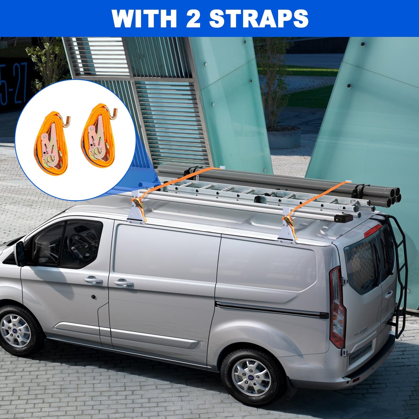 LMYYGOO Universal Van Ladder Rack, Adjustable 57"-63" for Chevy Express 1500 2500 3500 Ford Econoline GMC Savana Full-Size, 5-Section Stable Frame, 800 lb Capacity, Fits Rain Gutter Vans