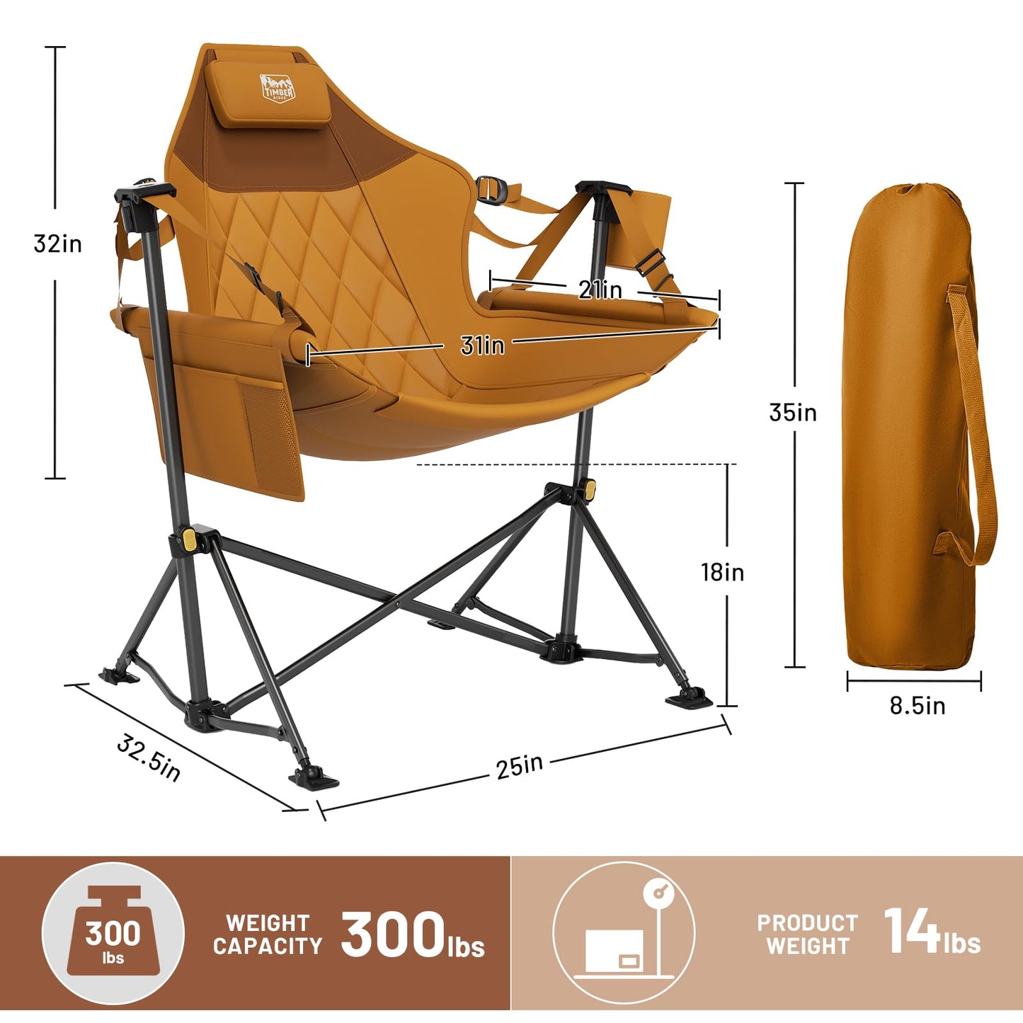 Timber Ridge Hammock Camping Chair with Adjustable Backrest, Heavy Duty Folding Hammock Chair Supports 300lbs, Portable Hammock Chair for Camping, Travelling and Patio, Orange 2 Pack