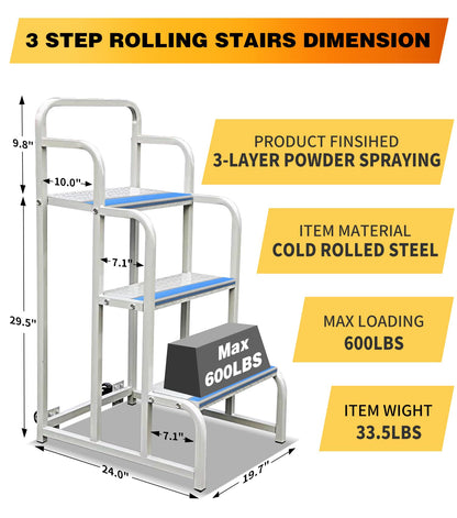 3 Step Stairs with Wheels, Industrial & Warehouse 3-Step Rolling Stairs, Non-Slip Rolling Steps with Stair Edge Protector, Easy to Move Rolling Steps with Wheels(19.7W x29.5H, 600LBs Loading).