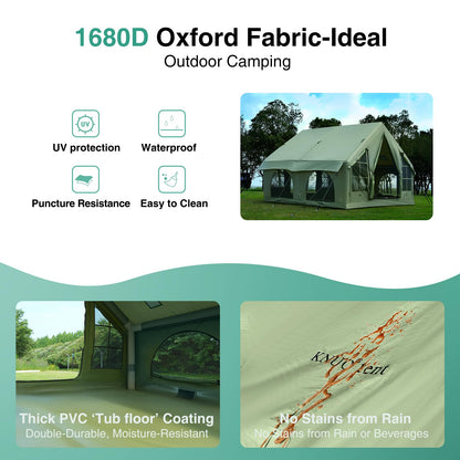 KNUO 2026 Upgraded Waterproof Inflatable Camping Tent for 5-8 People, Large Blow-Up Air Tent, No Assembly Needed Luxury Glamping House, 10x10ft Oxford Fabric,Green