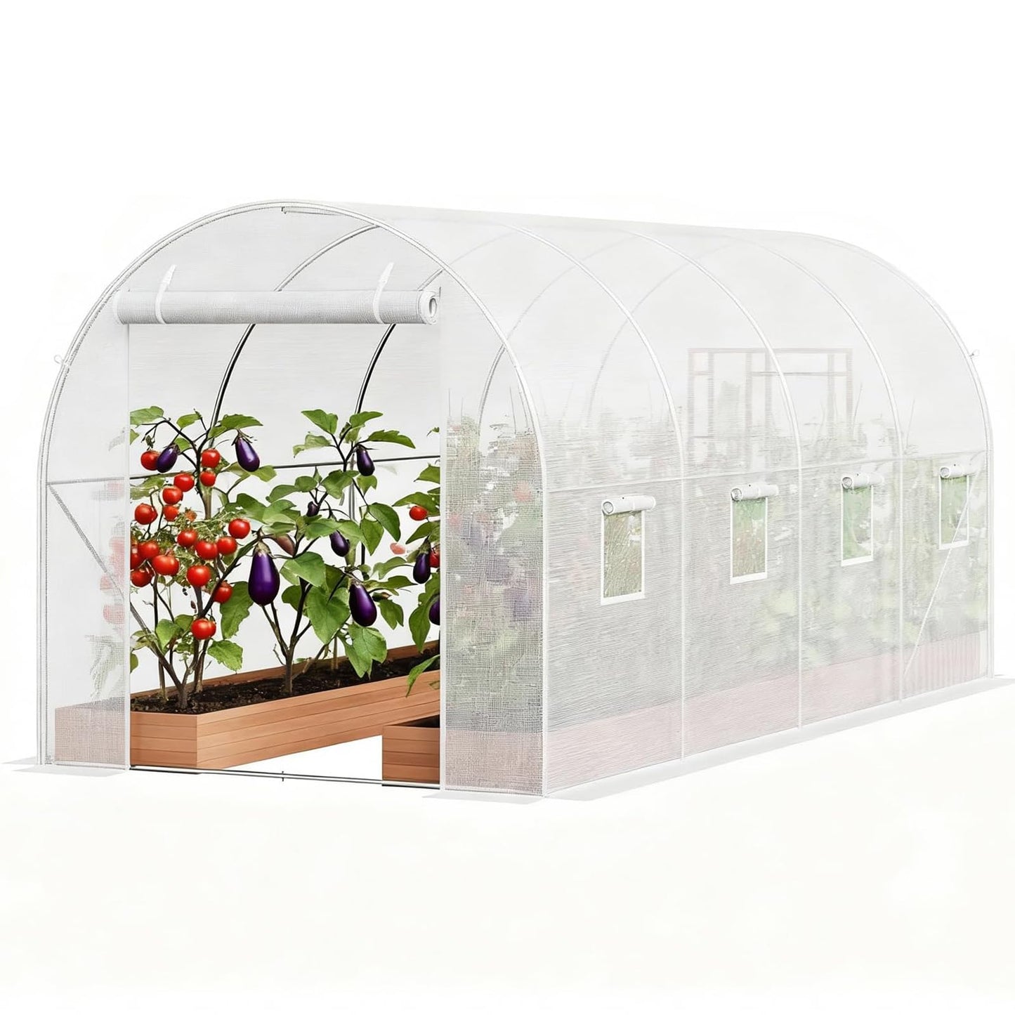 Large Walk-in Tunnel Greenhouse, 15x7x7 ft Heavy Duty Hoop House with 8 Screen Windows & Galvanized Steel Frame, Portable Outdoor Greenhouses for All Seasons White