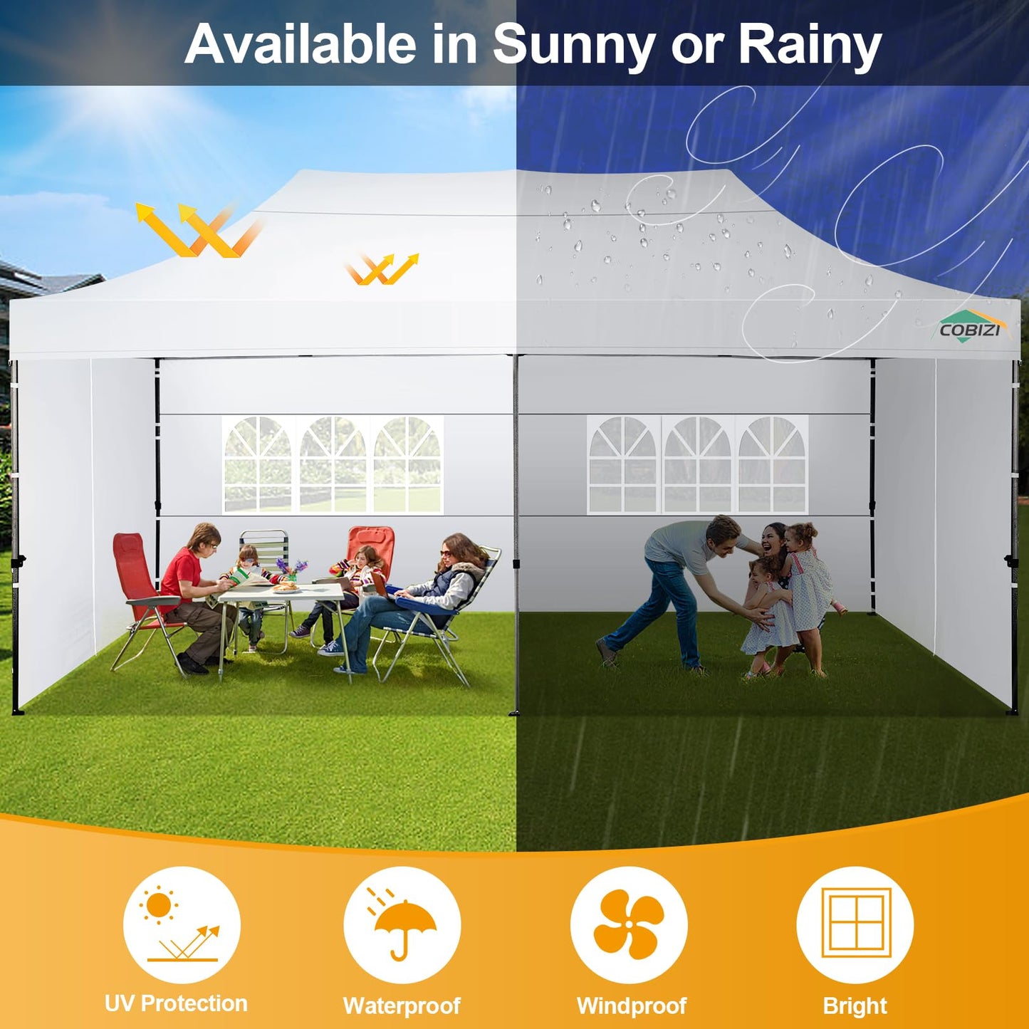 COBIZI 10x20 Pop up Canopy Tent 10x20 Canopy with 6 Sidewalls Waterproof Heavy Duty Commercial Canopy Tent for Parties Outdoor Garden Gazebo, Carry Bag with Wheel(10x20ft, Snow White)