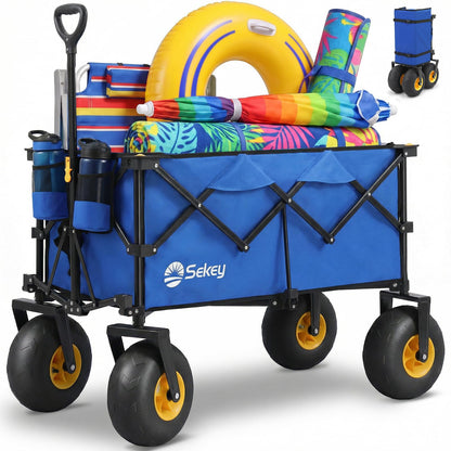 Sekey Heavy Duty Beach Wagon with 9" Big Sand-Proof Wheels – 600lb Capacity, 200L Oversized Foldable Cart | Adjustable Handle & All-Terrain Tires for Sand, Camping, Groceries