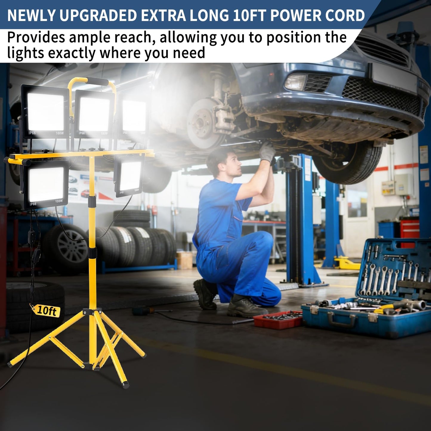 50000LM LED Work Light with Stand, 5-Head Tripod Work Light, IP66 Waterproof Adjustable Telescoping Stand, 3 Modes Portable Light for Construction Site, Garage, Workshop, Job Site, Emergency Lighting