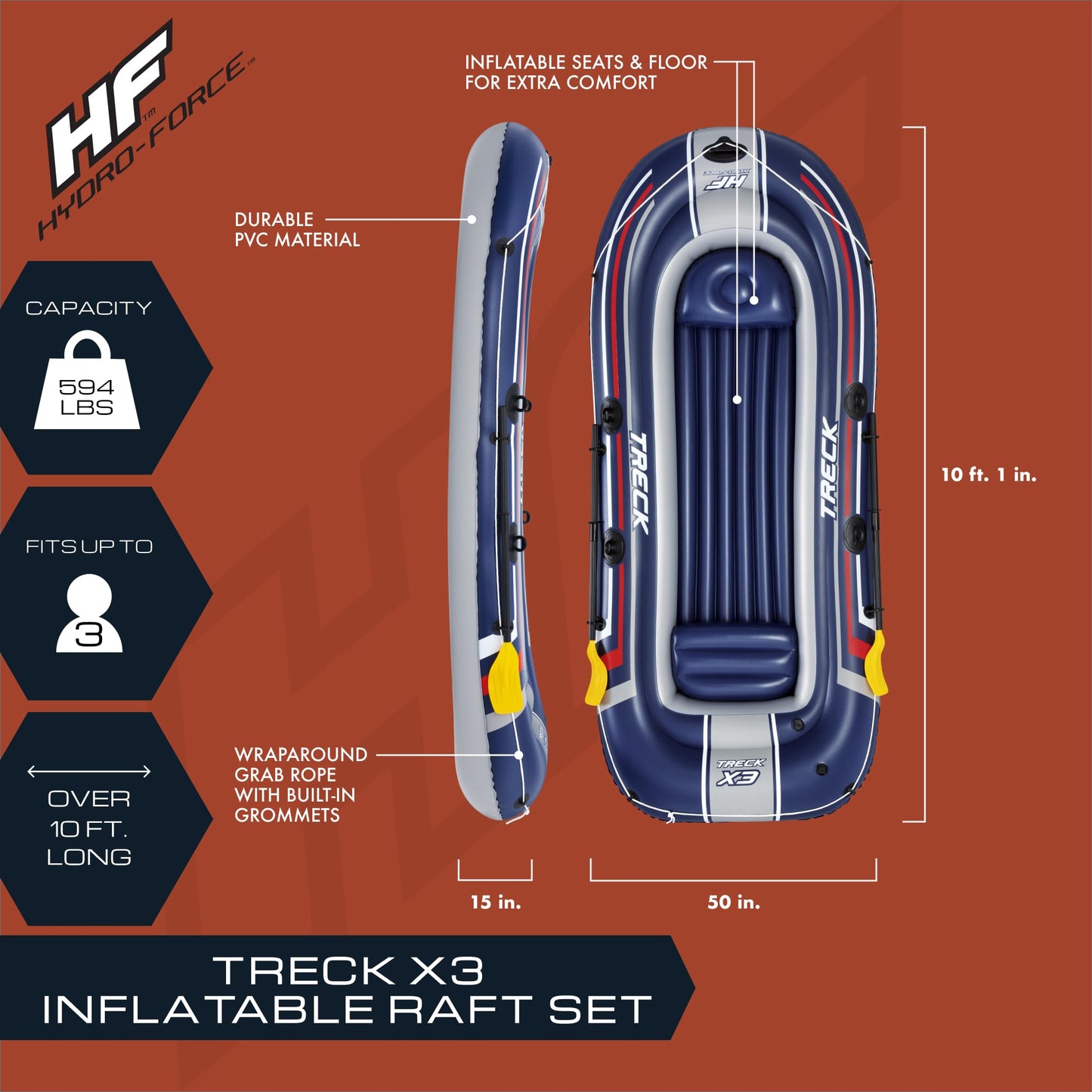 Bestway Hydro-Force Treck X3 Inflatable 3 Person Water Raft Outdoor Floating Boat Set with Pair of Oars, Foot Pump, and Repair Patch