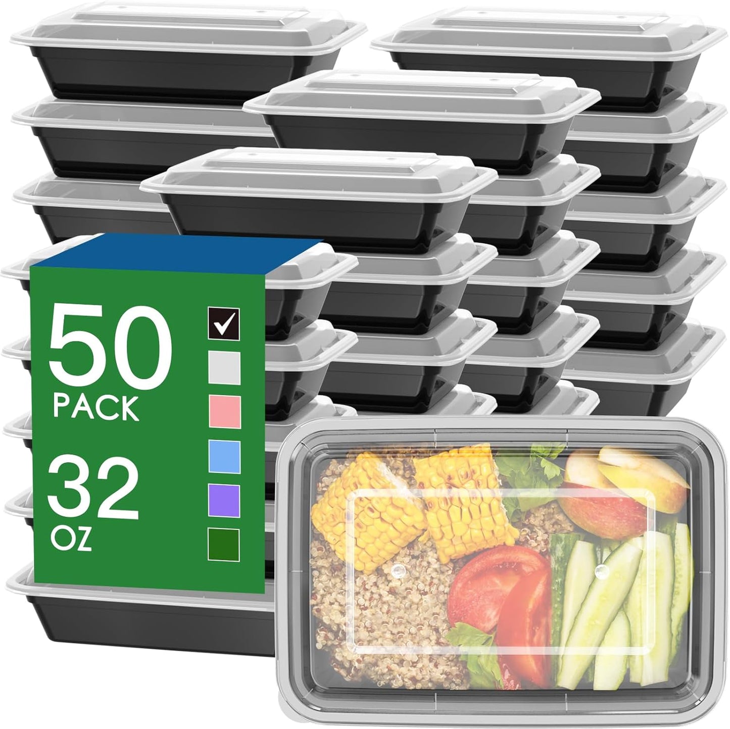 Regine Switzerland 32 oz Meal Prep Containers - 50 Pack, Reusable, Leakproof, Microwave & Dishwasher Safe, Black