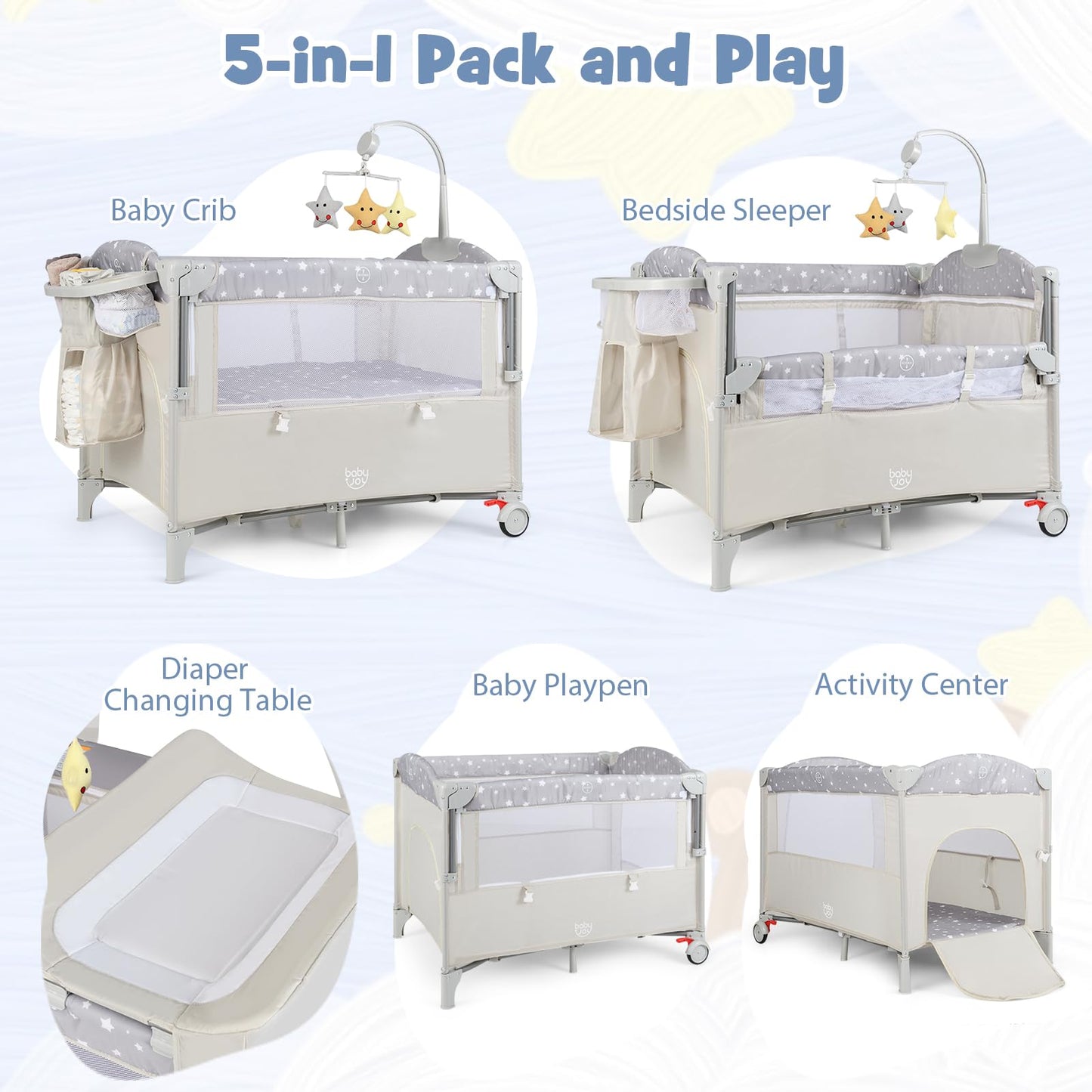 BABY JOY 5-in-1 Pack and Play, Portable Baby Bedside Sleeper with Bassinet, U-Shaped Diaper Changer, Safety Strap, Side Zipper Entrance, Hangings, Bedside Crib Playard from Newborn to Toddlers (Beige)