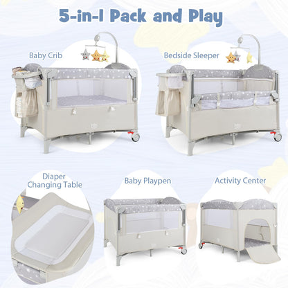 BABY JOY 5-in-1 Pack and Play, Portable Baby Bedside Sleeper with Bassinet, U-Shaped Diaper Changer, Safety Strap, Side Zipper Entrance, Hangings, Bedside Crib Playard from Newborn to Toddlers (Beige)