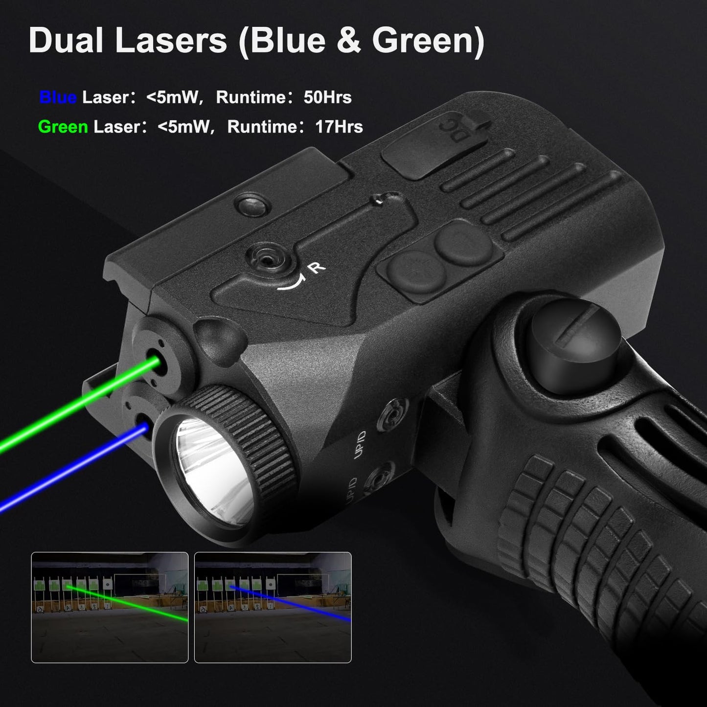1200 Lumens LED White Flashlight with Dual Laser Sights, Rechargeable Blue&Green Laser Beams with 5 LED Light Modes - Hard Anodized Aluminum, Laser Class IIIA, Less Than 5mW
