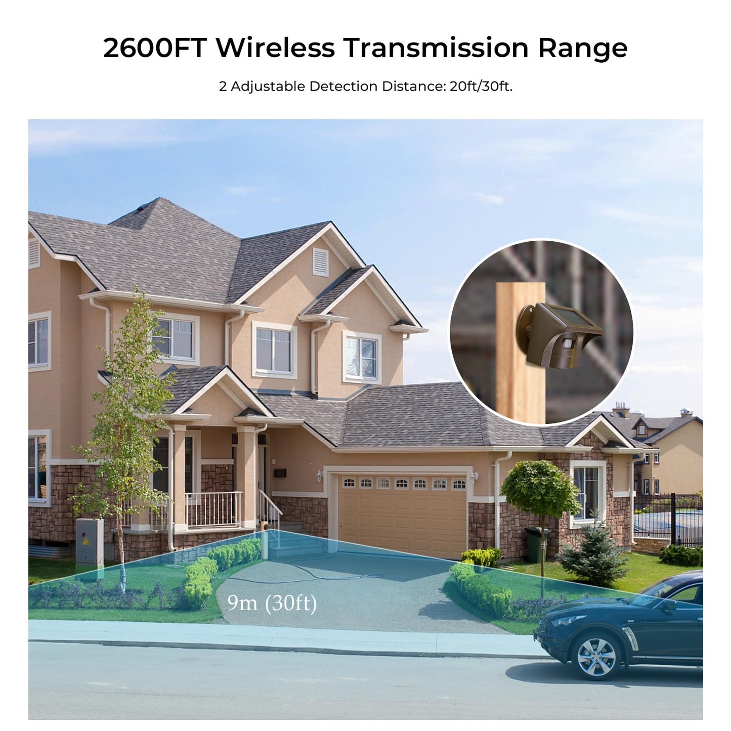 eMACROS Solar Wireless Driveway Alarm System (1/2 Mile Range, 1 Receiver & 4 Solar Sensors) - Weatherproof Outdoor Motion Detector for Farm, Long Driveway & Property Security