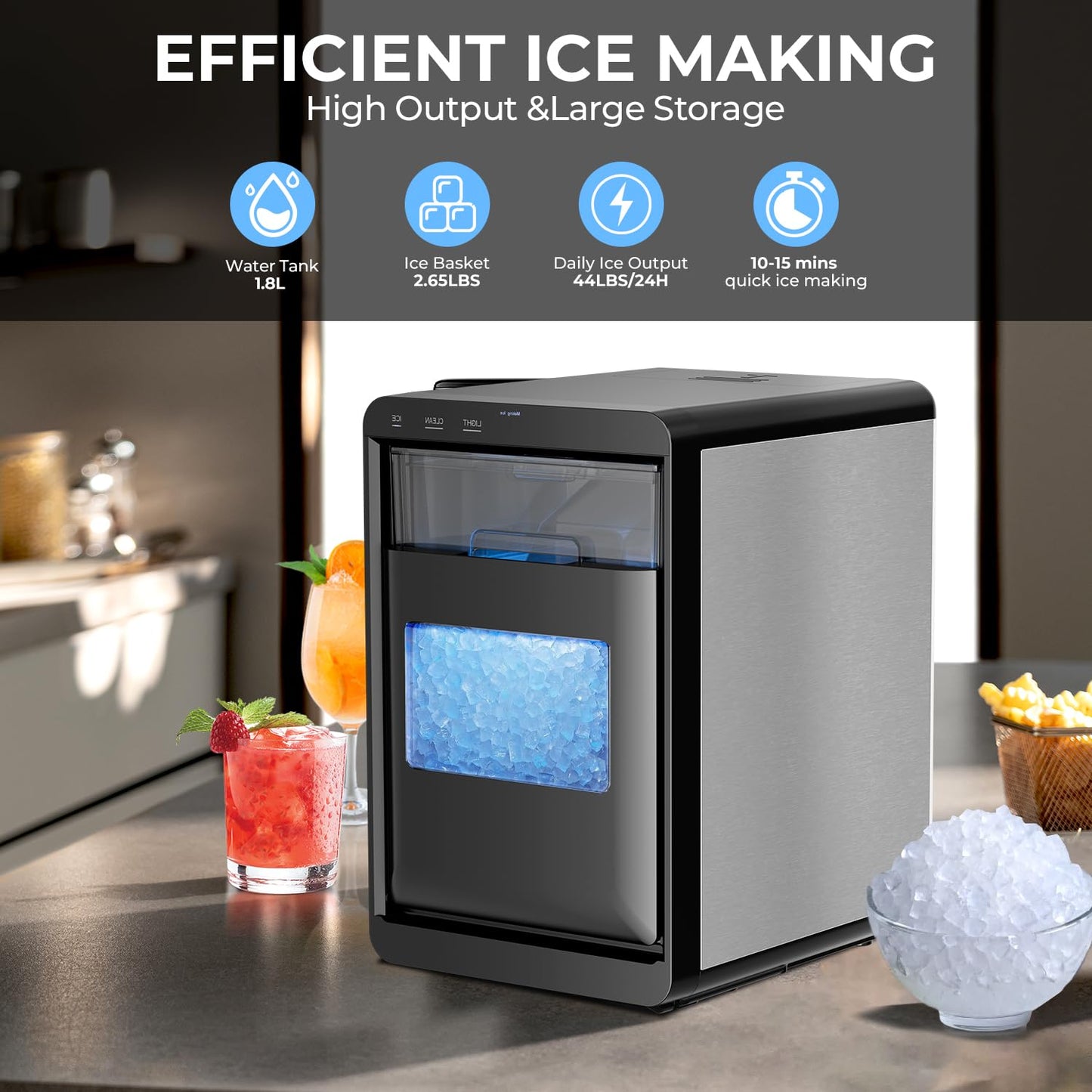 Antarctic Star Nugget Ice Maker Countertop - 44LB/Day, Self-Cleaning Portable Ice Machine with LED Display, 10-15 Minute Fast Ice Making for Home/Office/Bar
