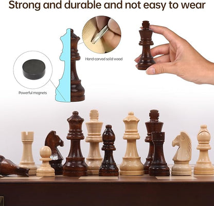 15 Magnetic Chess Set with Foldable Board &amp Travel Bag - Professional Wooden Chess Game Luxury Storage Bag - Perfect Christmas/Birthday for Men Dad (Chess Set + Bag)