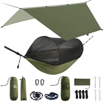 Miztli Camping Hammock with Net & Rain Fly All-in-1 - Double & Single Portable Hammock Ripstop Nylon, Complete Kit w/Adjustable Tree Straps for Backpacking, Outdoor, Travel