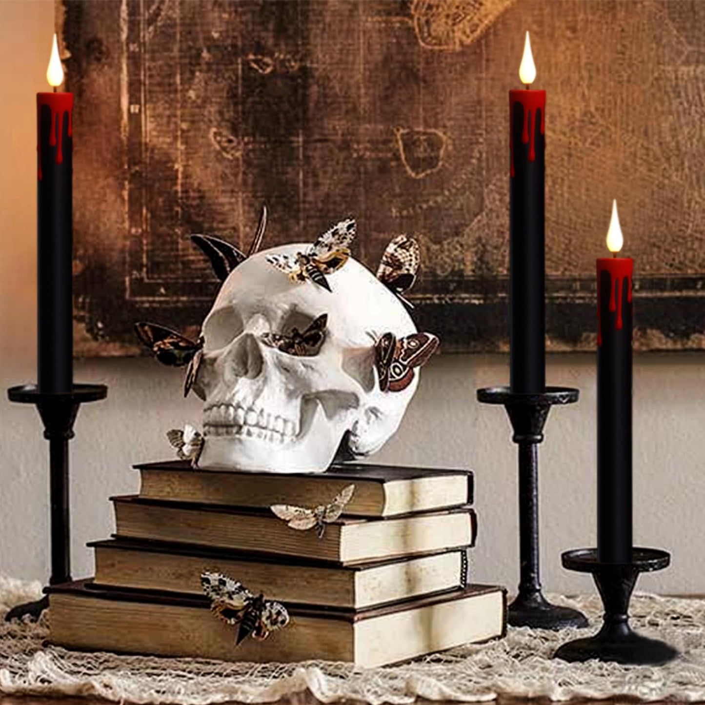 Wondise Halloween Flameless Taper Candles with Remote and Timer, Battery Operated 3D Wick Flickering with Blood Dripping Halloween Candles for Spooky Horror Home Halloween Decoration