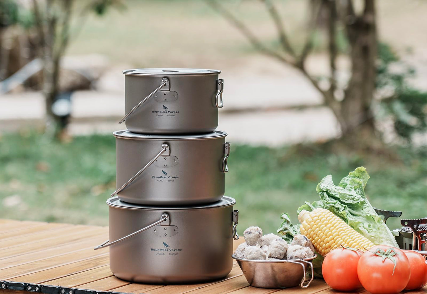 iBasingo 3-Piece Titanium Pot Set (1.3L+1.95L+2.9L) with Lids Ultralight Camping Cookware for Backpacking, Hiking & Outdoor Cooking, Nesting Backpacker Pots with Measurement Marks Ti2056C