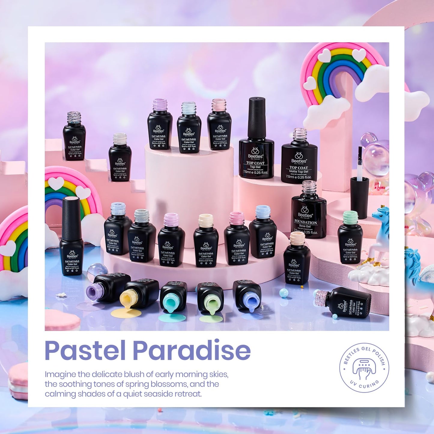 beetles Gel Polish Set - 23Pcs Macaroon Color Gel Nail Kit with Glossy Matte Top Coat Base Coat Yellow Pink White Purple Blue Glitter Bright Uv Nails Paradise Pastel Gel Halloween Gifts for Women