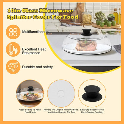 10in Glass Microwave Splatter Cover for Food, 10in Glass Microwave Cover for Food, Microwave Plate Lid with Vent Holes & Easy-Grip Handle, Dishwasher Safe, No Plastic, Food Grade,