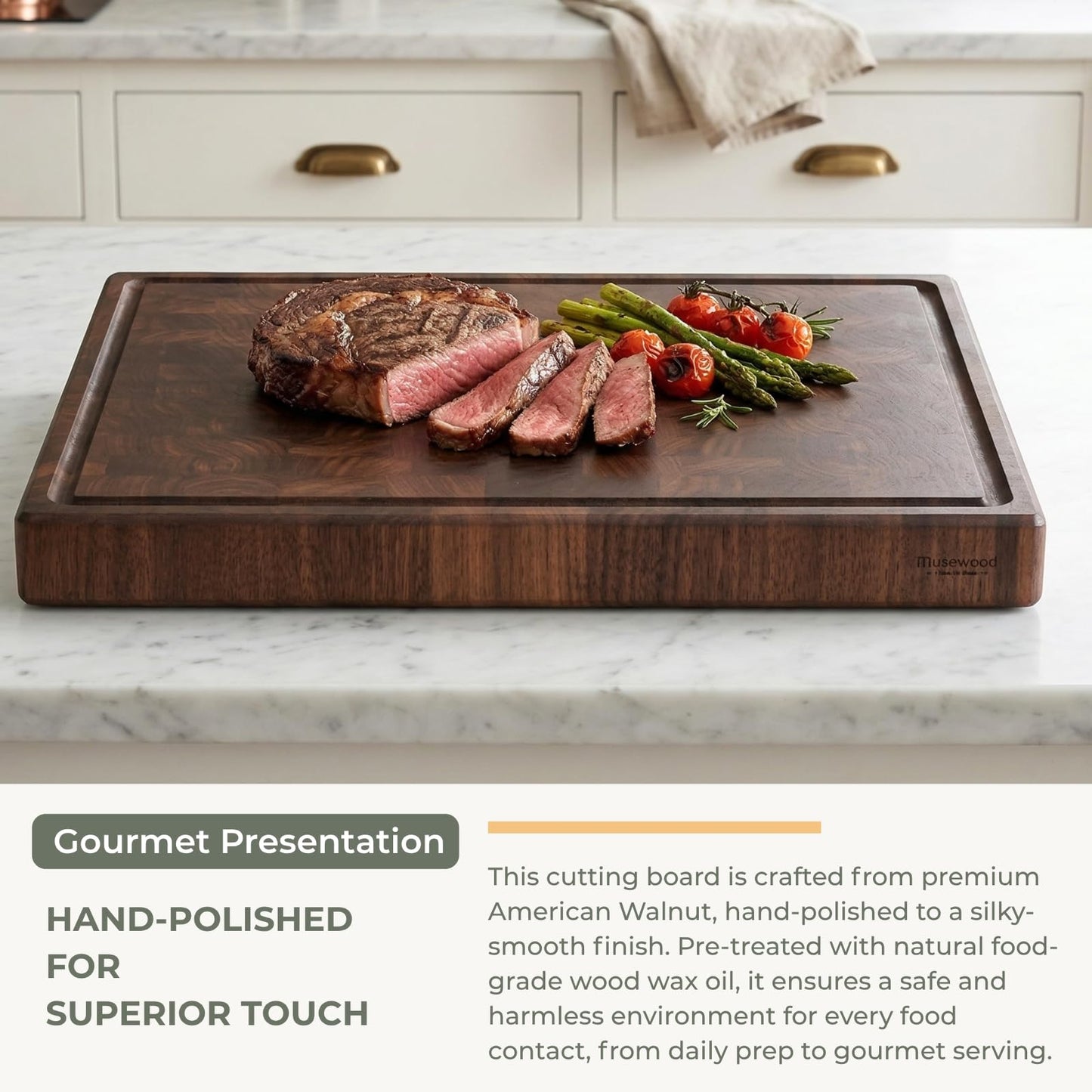 muso wood End Grain Cutting Board, Black Walnut Wood, 2" Thick Dual-Sided Wooden Chopping Board with Juice Groove & Handle - Idea for meat cutting, vegetable dicing, and fruit processing, 16 x 12 inch