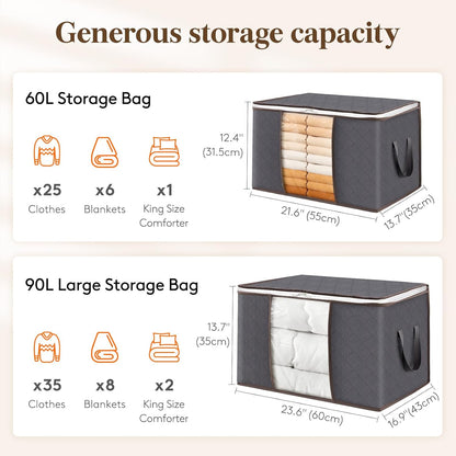 Lifewit 90L Clothes Storage Bins - 9 Pack Foldable Bags with Zippers & Clear Window for Easy Organization