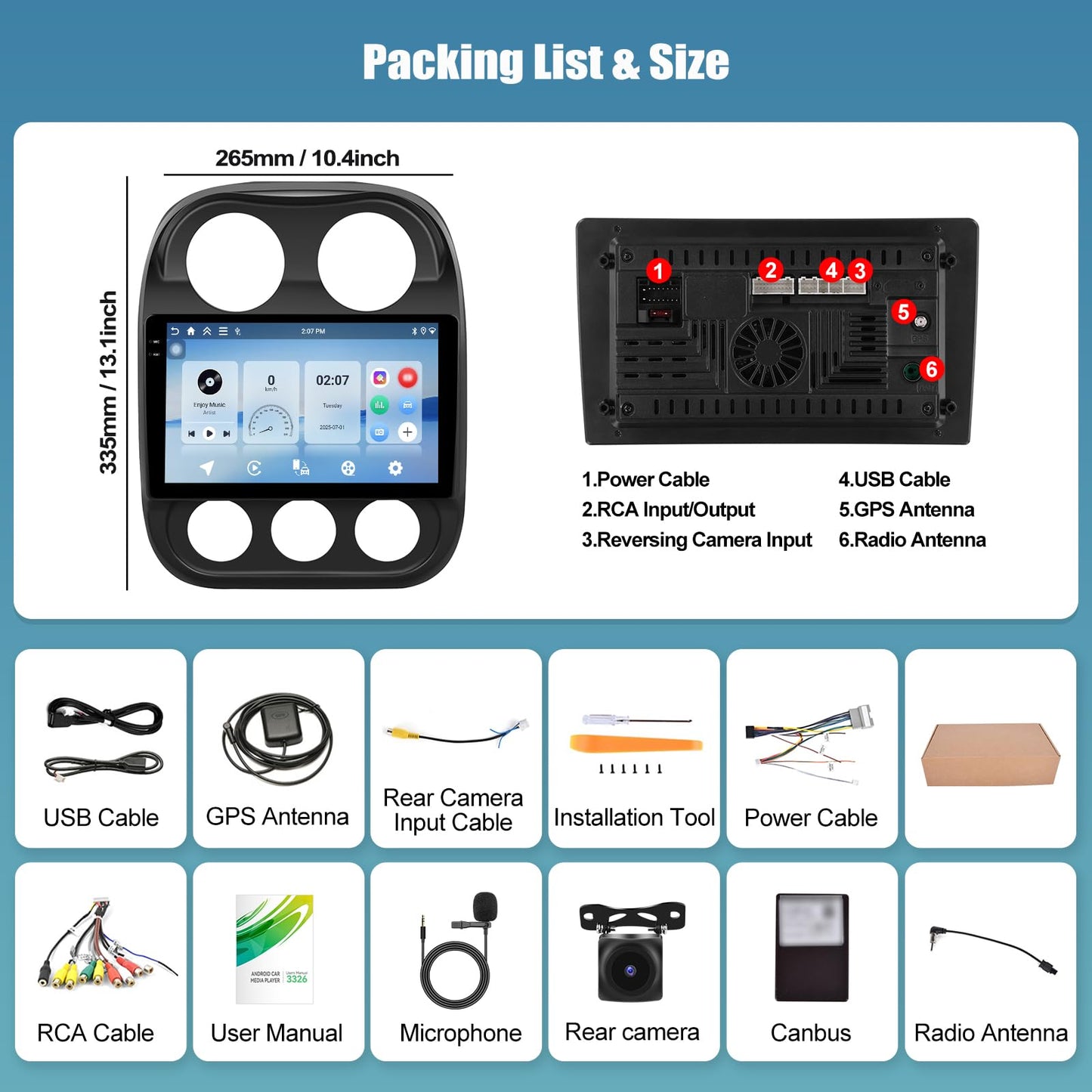 4+128G Android 15 Car Stereo for Jeep Compass Patriot 2010-2016 with Wireless Carplay Android Auto, 10.1 inch 1280 * 720P IPS Touchscreen Bluetooth Car Radio Support GPS WiFi AHD Rear Camera