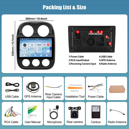 4+128G Android 15 Car Stereo for Jeep Compass Patriot 2010-2016 with Wireless Carplay Android Auto, 10.1 inch 1280 * 720P IPS Touchscreen Bluetooth Car Radio Support GPS WiFi AHD Rear Camera