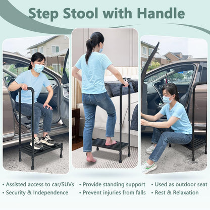 Medical Step Stool with Handle for Elderly, Stepping Stool Bedside Assist Steps for High Beds Adults Seniors, Safety Car SUV Handicap Foot Platform with Handrail, Heavy Duty Adjustable Bed Ladder