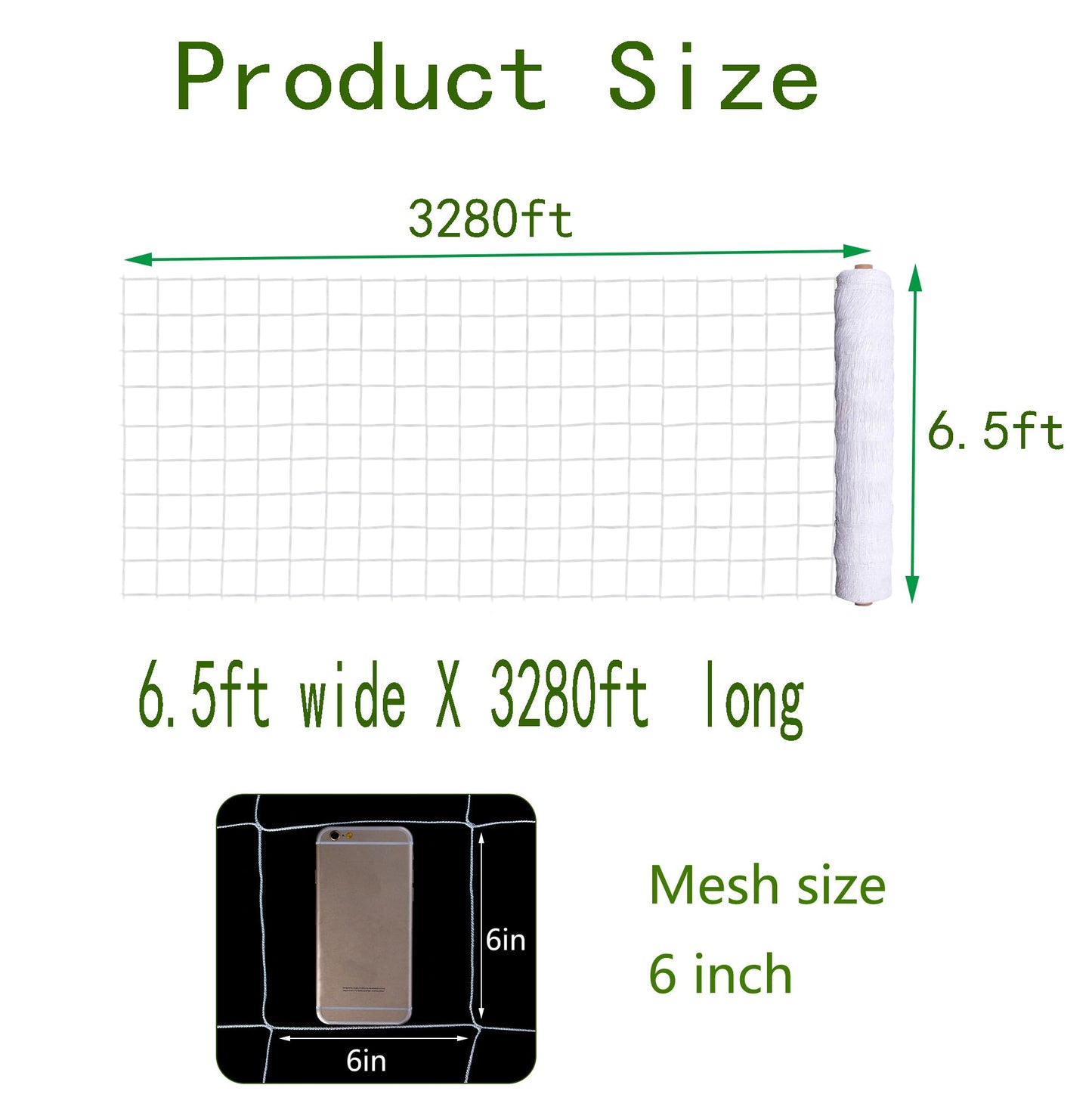 mychoiii Professional Garden Trellis Netting Bulk Roll 6.5ft x 3280ft - Heavy Duty Plant Support Net for Climbing Vegetables, 6" Mesh Scrog Netting for Grow Tent Cucumber Tomato Grape Vine Hydroponic