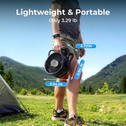 BougeRV Portable Fan Rechargeable, 20000mAh Battery Powered Fans with 4 Wind Speeds Hook Brighter Light LCD Display 270° Rotatable & Movable Area 3200mAh Portable Camping Light