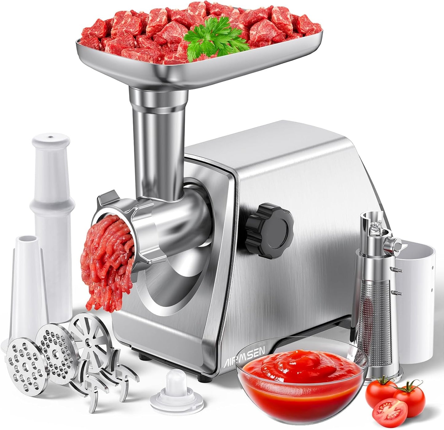 AIRMSEN Electric Meat Grinder & Tomato Sauce Press - Heavy Duty Food Mill for Grinding Meat & Making Sauces