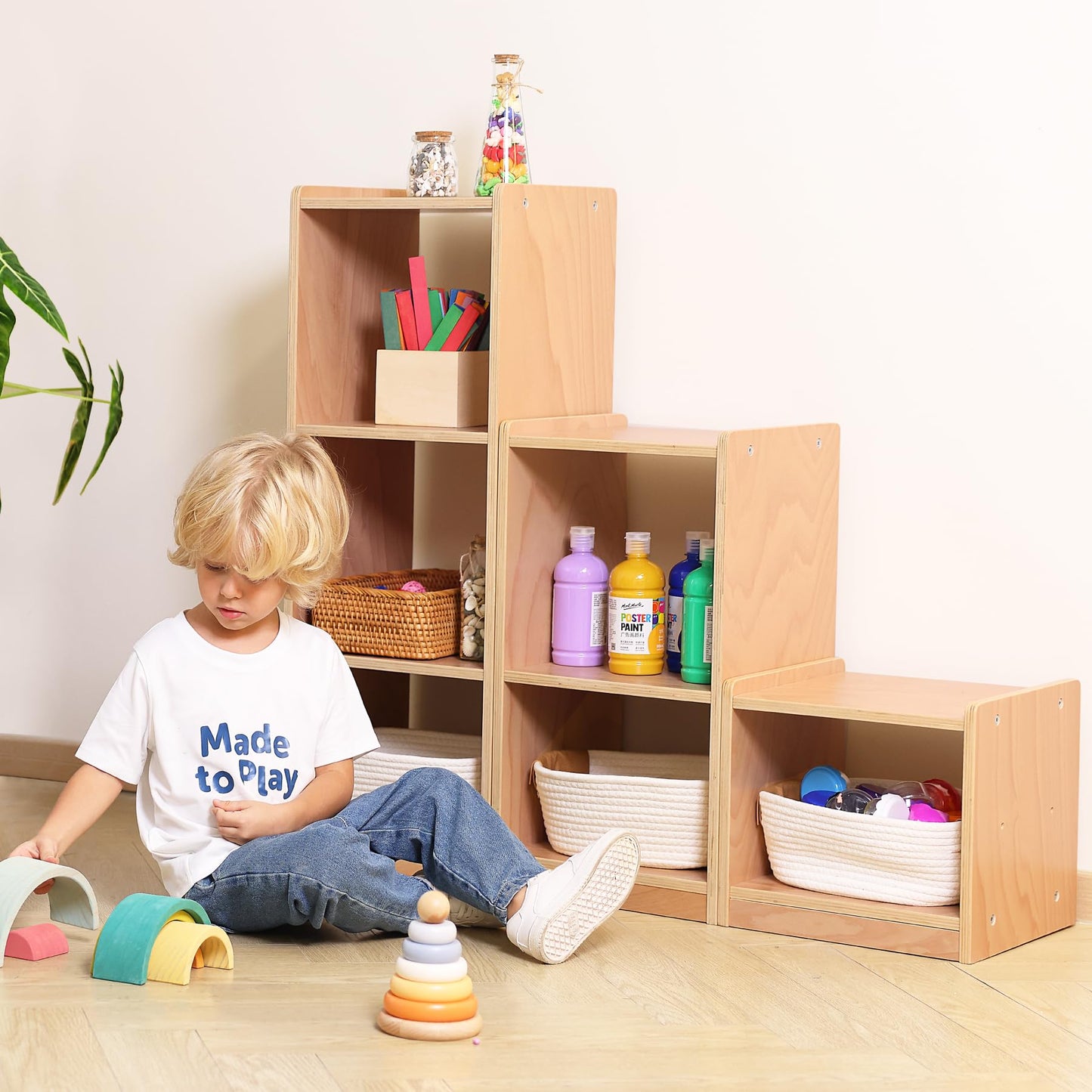 Bolocon Modular 3-Piece Cube Storage Cabinet, L-Shaped Reversible Ladder Corner Bookshelf with 6+ Cubes, 4-Tier Wooden Freestanding Organizer for Kids Room & Home Office, Natural