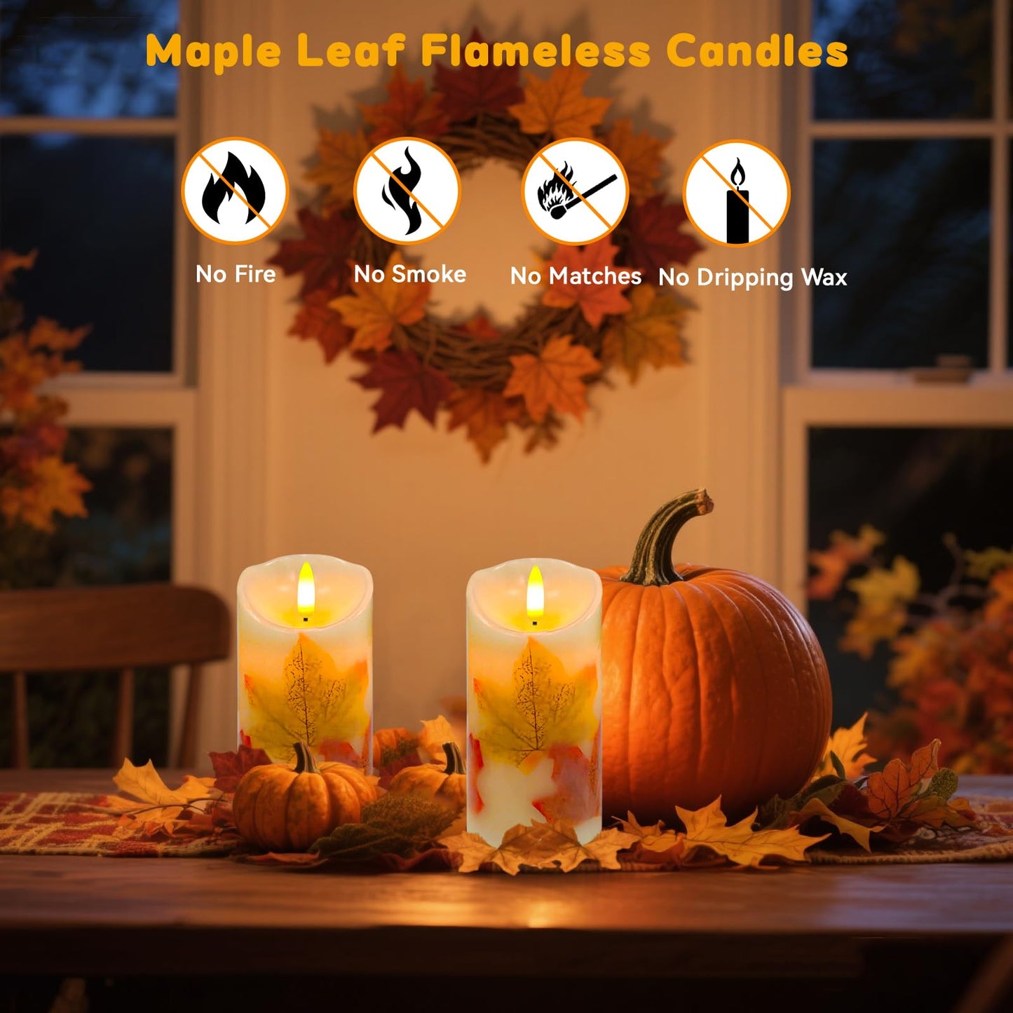 Flameless Candles Light, Set of 2 6"x3" Maple Leaf Flickering LED Candles with Remote & Timer, Dimmable Electric Pillar Candles Battery Operated, Fall Candles for Thanksgiving Harvest Autumn Decor