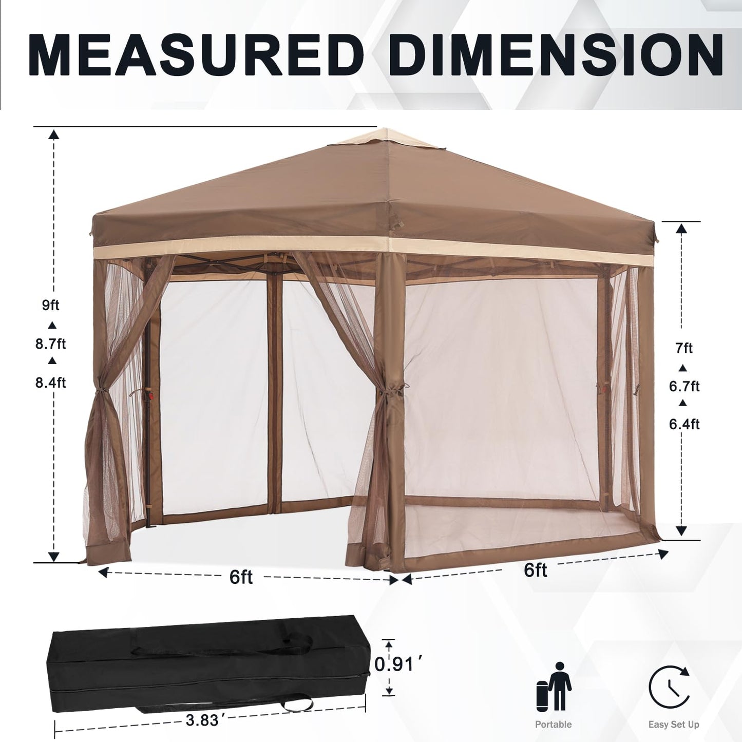 COOSHADE Pop up Canopy, 10X12 Pop up Tent with Mesh Walls, 6 Sides Gazebo, Patented 1 Step Lock Tech, Screened House for Outdoor/Camping/Lawn/Trip/Gathering, Khaki and Brown
