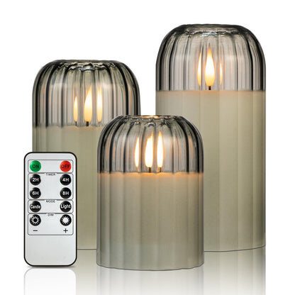 Ribbed Glass Battery Candles - FLameless Candles with Remote, Sage Green LED Candles with Timer, Warm Light, Lasting 350 Hrs and Brightness Adjustment, Φ 3" H 4" 5" 6", Set of 3 for Christmas Decor