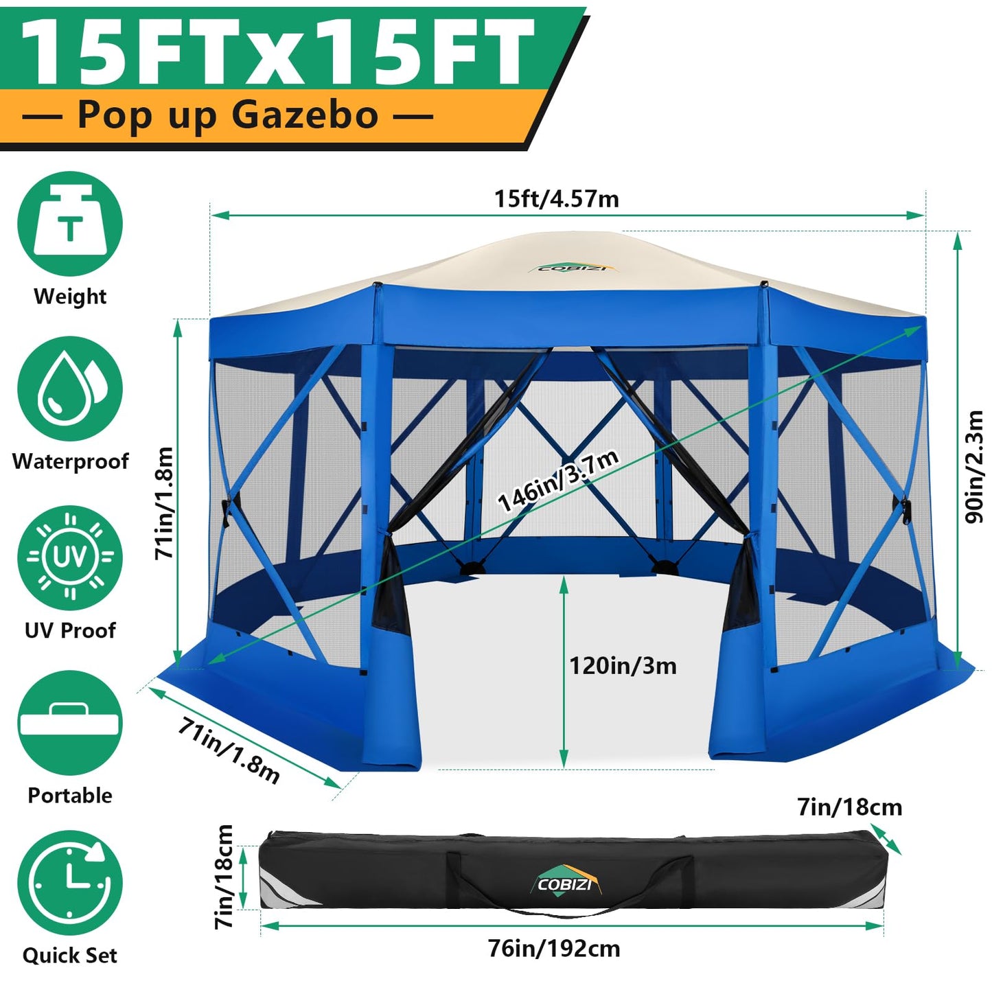 COBIZI Pop Up Gazebo Screen Tent Screen House for Camping, 15x15 Screen Room with Mosquito Netting, Hub Tent Instant Screened Canopy with Carrying Bag and Ground Stakes, Blue
