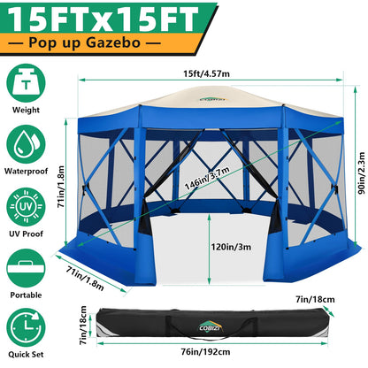 COBIZI Pop Up Gazebo Screen Tent Screen House for Camping, 15x15 Screen Room with Mosquito Netting, Hub Tent Instant Screened Canopy with Carrying Bag and Ground Stakes, Blue