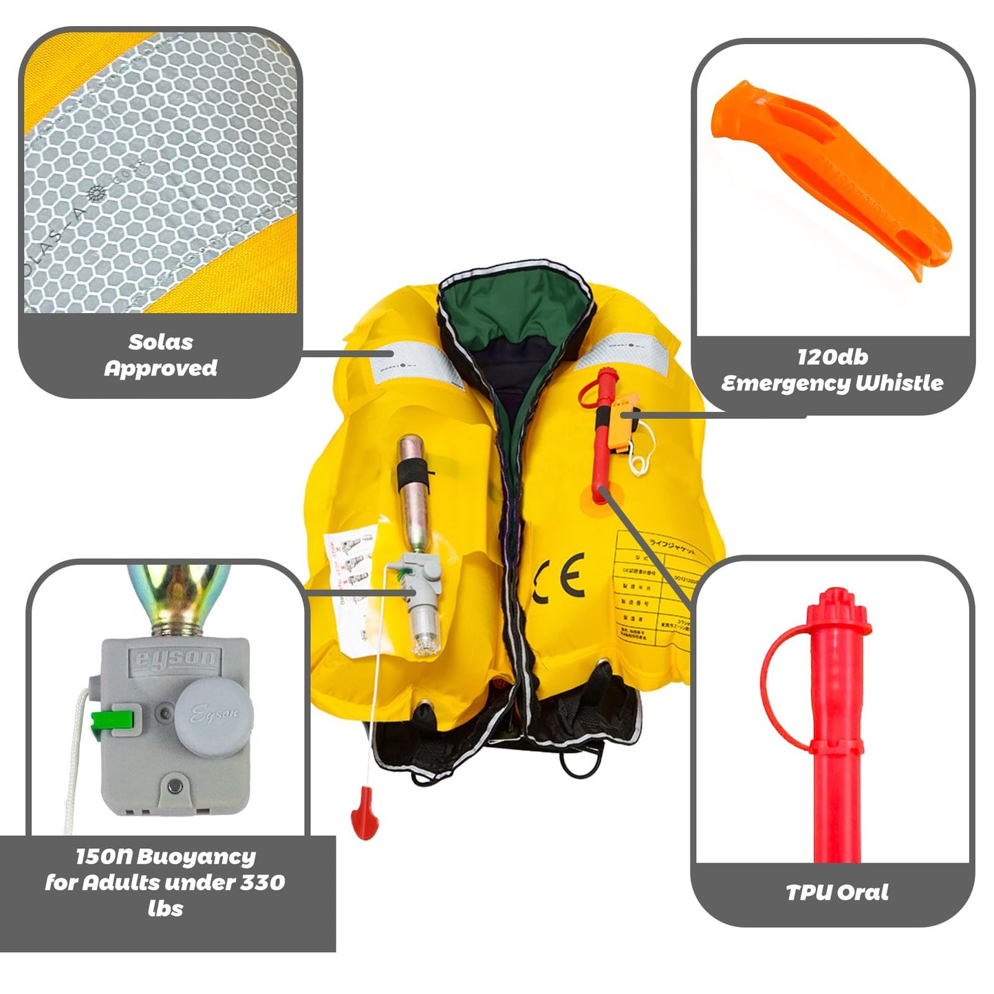 Manual Inflatable Life Jacket,Life Vest for Adult,Preserver PFD for Adults,Supports Weight up to 330 pounds (GREEN-716)