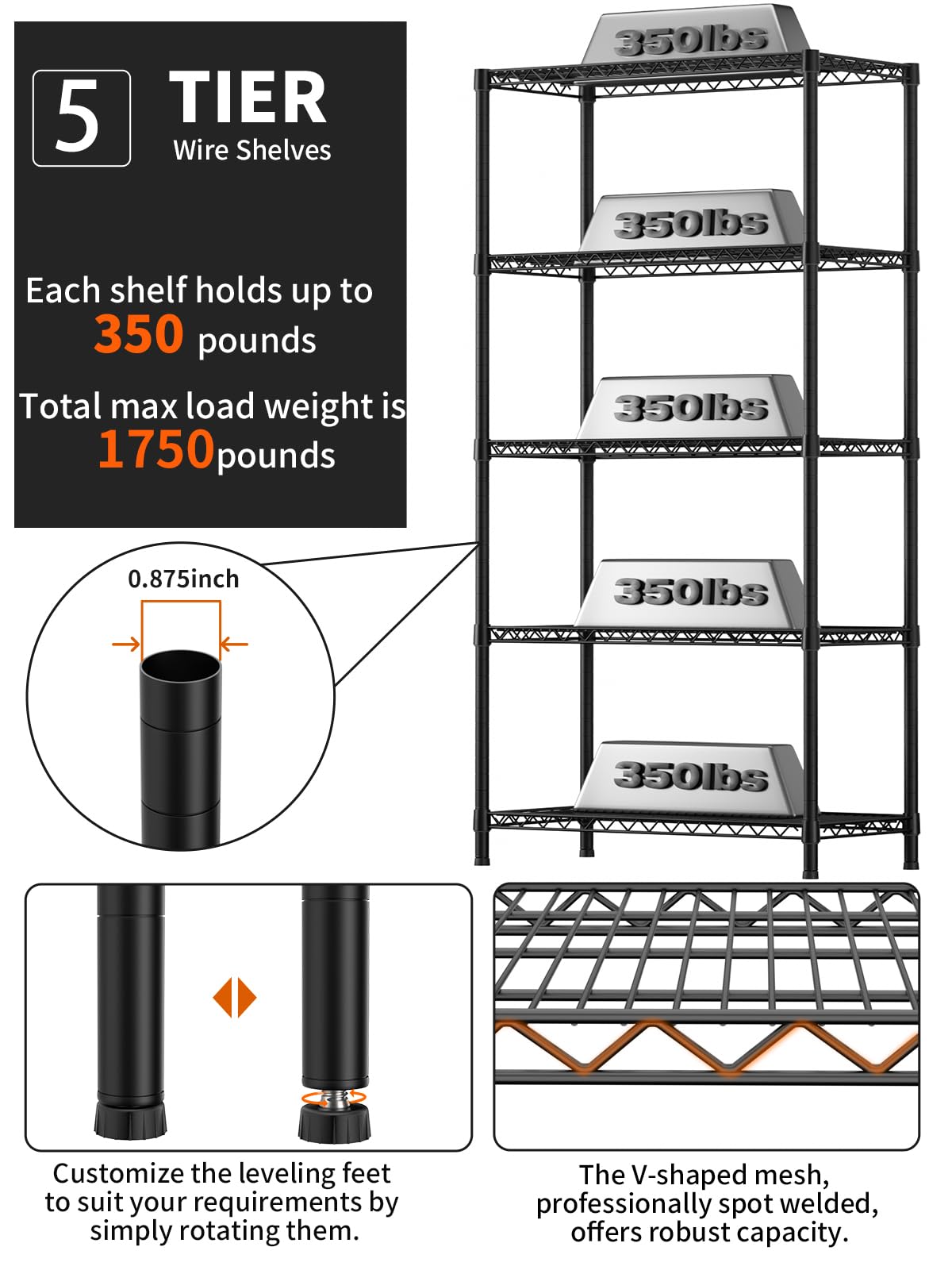 Golpart 5 Tier Heavy Duty Adjustable Storage Shelf Organizer Storage Metal Shelves Garage Wire Shelving Unit Pantry Rack 18" D x 36" W x 71.25" H,Black