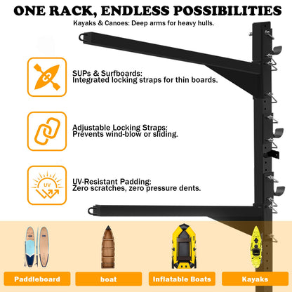 LAJIAOZ Heavy Duty Kayak Storage Rack for Dock/Garage, Adjustable Freestanding Kayak Stand or Wall Mount Kayak Rack, 3-Tier Indoor Outdoor Canoe Storage Rack for 3-4 Kayaks, SUP & Paddleboard