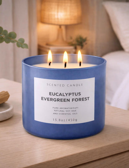 Eucalyptus Evergreen Forest 3-Wick Soy Candle | 15.8 oz Large Scented Candle for Home | Clean Burn Long Lasting | Balsam Fir Fresh Forest Scent | Gift Ready