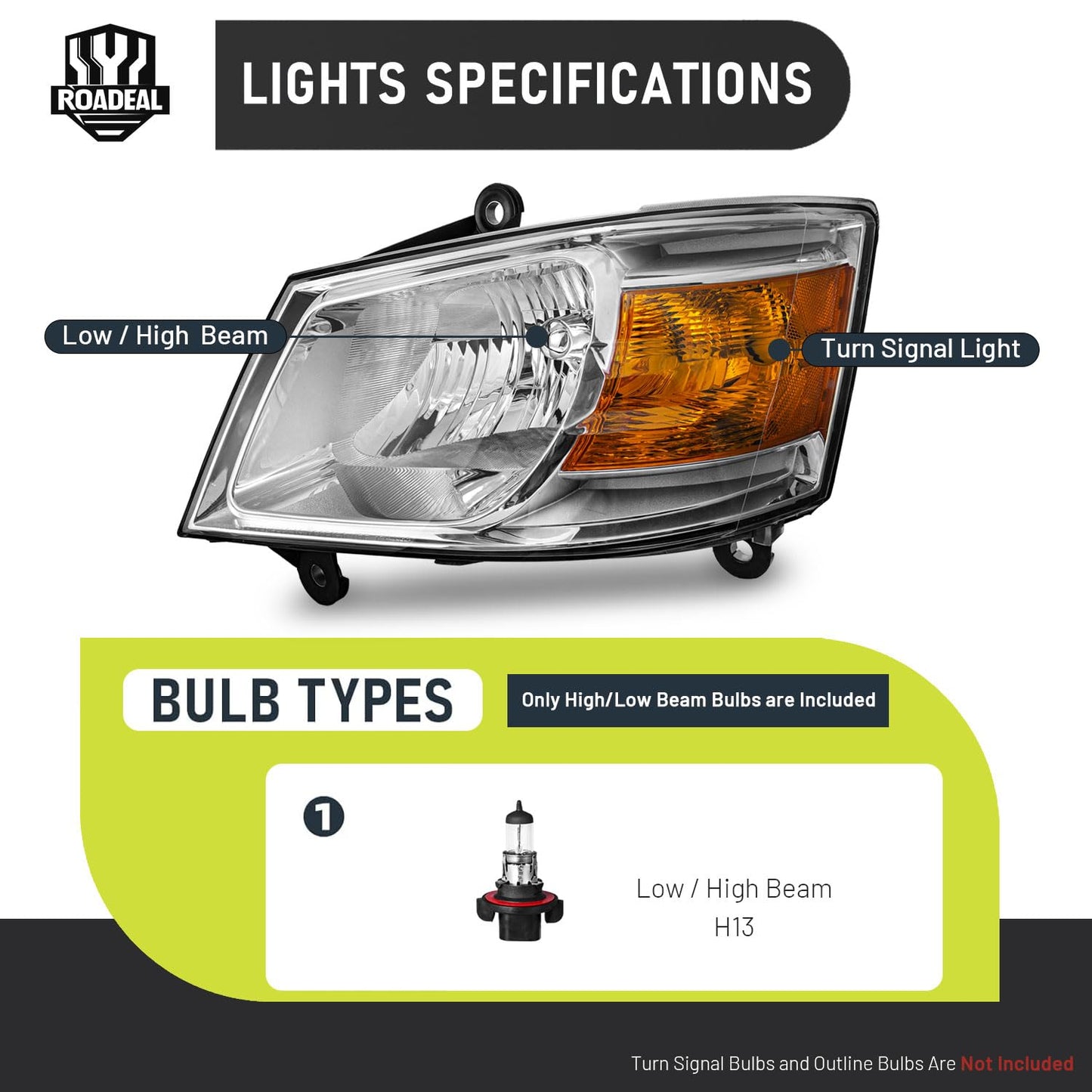 ROADEAL Headlight Assembly for 2008-2010 Dodge Grand Caravan 2008 2009 2010 Grand Caravan Headlamp Replacement Driver and Passenger Side with Chrome Housing Amber Reflector