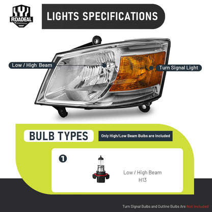 ROADEAL Headlight Assembly for 2008-2010 Dodge Grand Caravan 2008 2009 2010 Grand Caravan Headlamp Replacement Driver and Passenger Side with Chrome Housing Amber Reflector