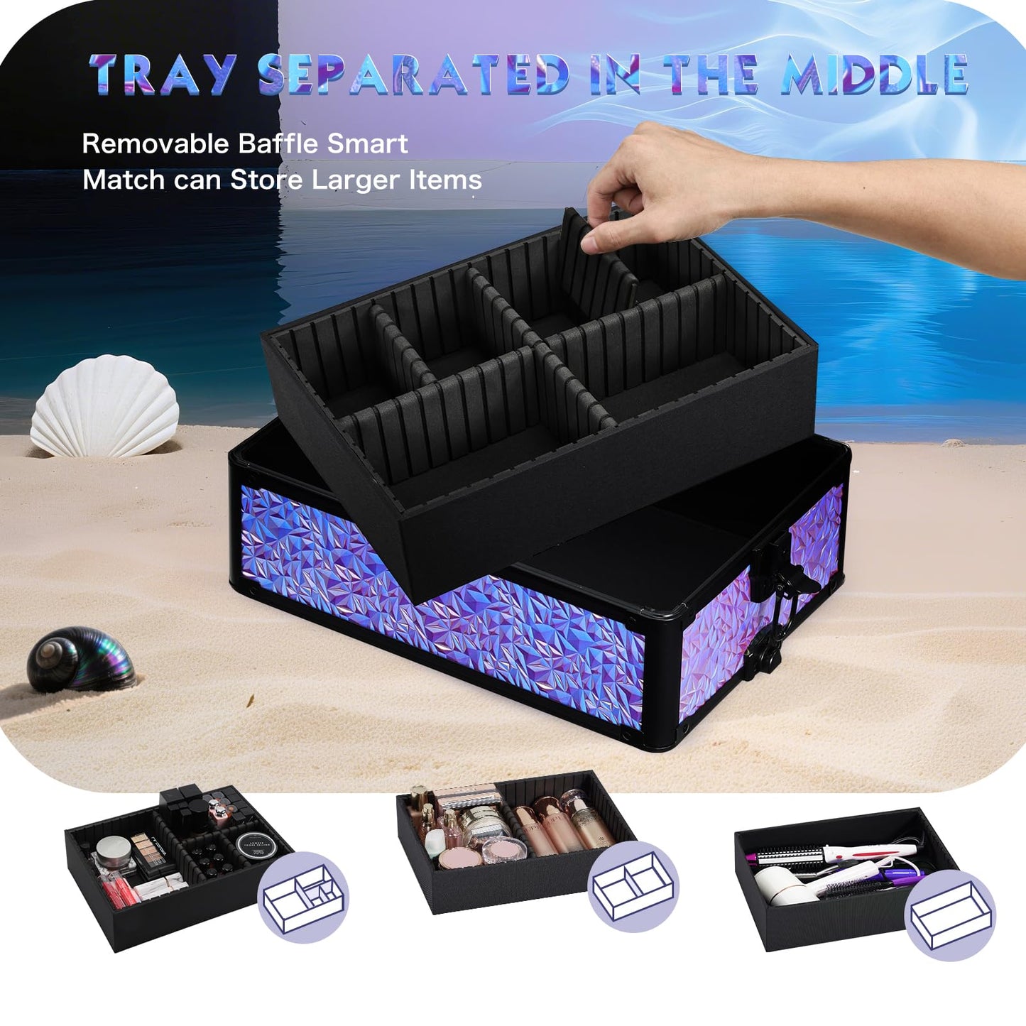 Stagiant Rolling Makeup Case Cosmetology Case on Wheels 4 in 1 Makeup Travel Case Extra Large Cosmetic Box with Key Make Up Artist Traveling Storage Nail Case Salon Barber Cart Trunk Shiny Purple