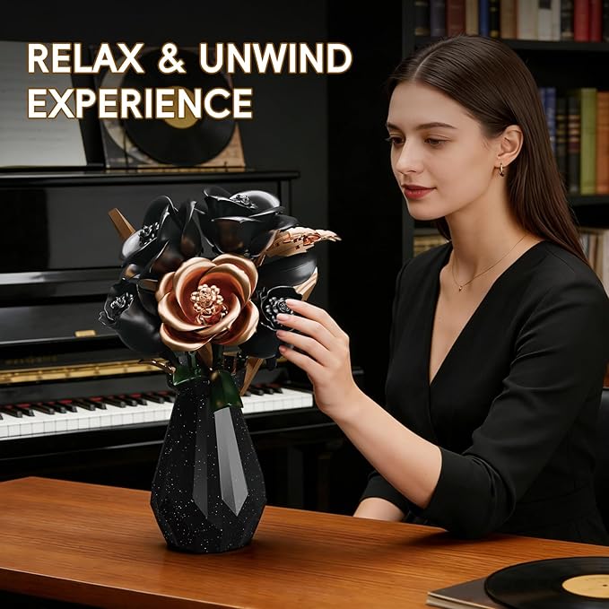 Black Roses Flower Bouquet Building Set with Vase - 255 Pcs Botanical Collection with Rose Gold Accent Artificial Floral Centerpiece Gothic Home Decor Gift for Adults