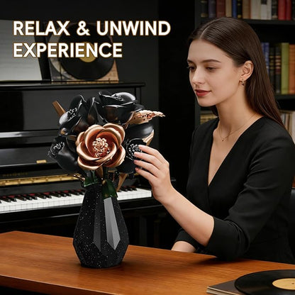 Black Roses Flower Bouquet Building Set with Vase - 255 Pcs Botanical Collection with Rose Gold Accent Artificial Floral Centerpiece Gothic Home Decor Gift for Adults