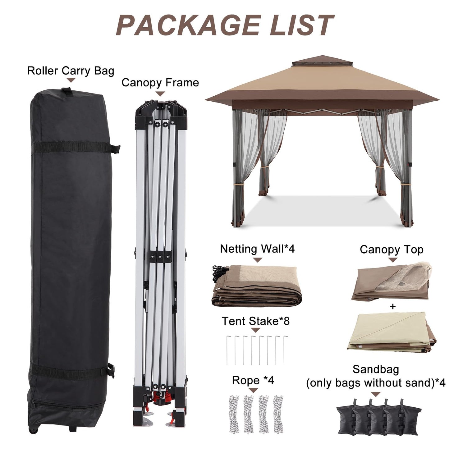 Garvee 12x12 Gazebo, Instant Outdoor Canopy Tent with Mosquito Netting, Screen Tent with 4 Ropes, 8 Stakes, 4 Sandbags and Wheeled Storage Bag, Shelter Canopy for Patio Garden Backyard, Khaki