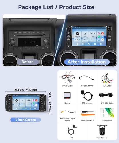 Orderich 4G+128G Android Car Stereo for Jeep Wrangler 2007-2018 & Jeep Compass 2011-2015 with Wireless CarPlay Android Auto, 7 Inch Car Radio GPS Navigation WiFi SWC Bluetooth FM with Backup Camera