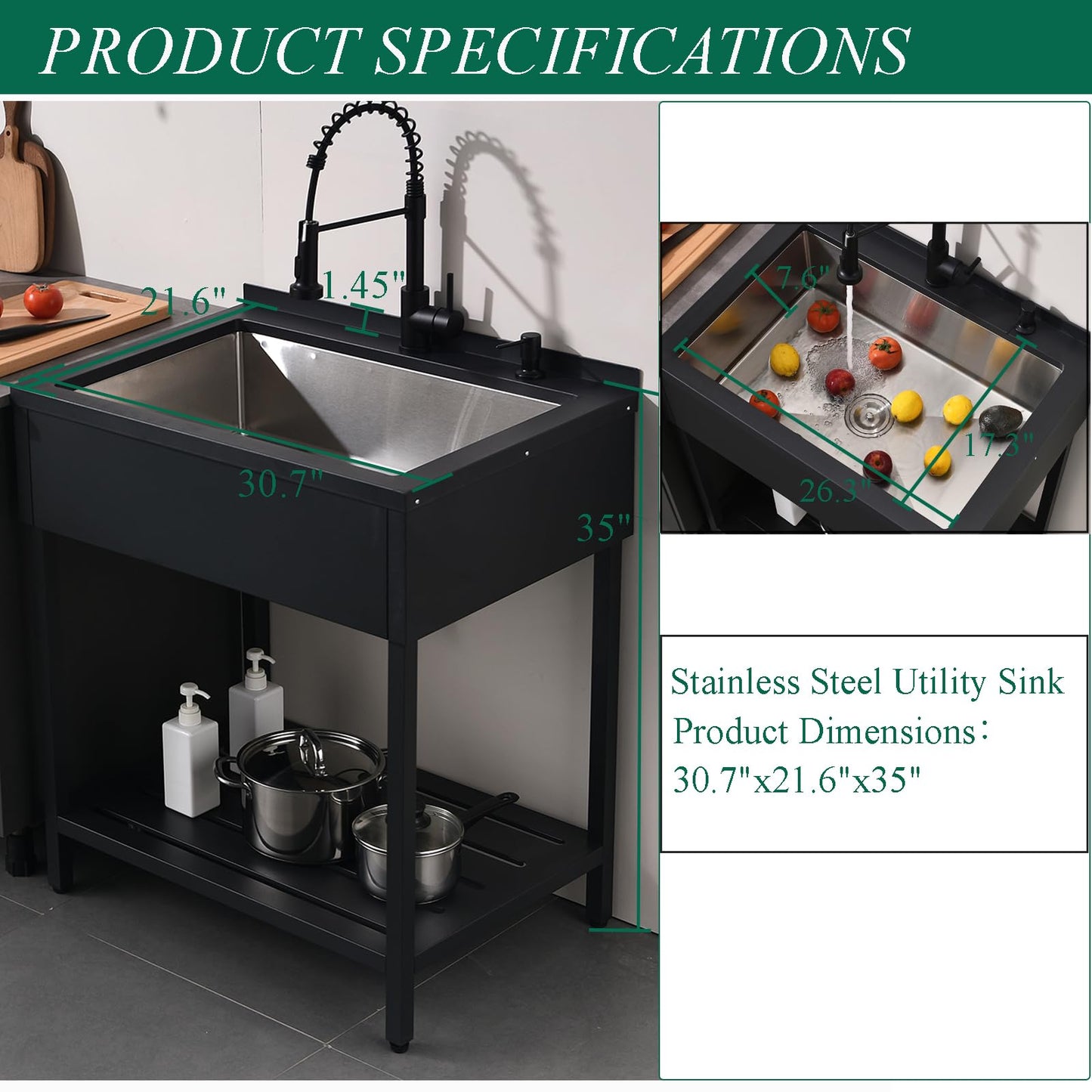 Bokaiya Black Stainless Steel Utility Sink Free Standing, Large Freestanding Laundry Sink with Faucet 16 Gauge Single Bowl Outdoor Commercial Sinks for Restaurant Garage (30.7" x 21.6" x 35")